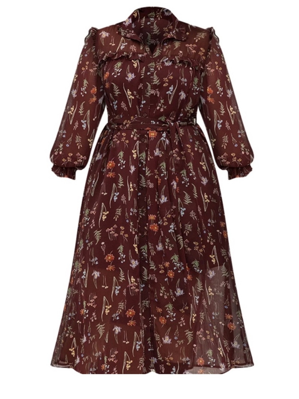 Eloquii Brown Flowy Floral Maxi Long Sleeve Belted Ruffle Flowy Shirt Dress 24 - Picture 5 of 12